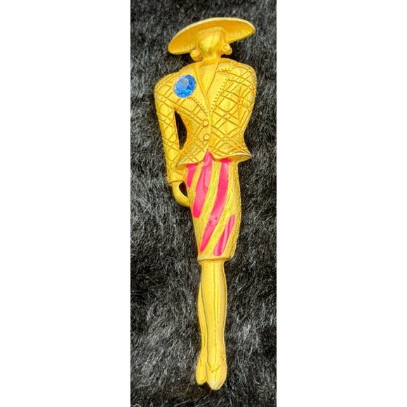 Vintage Signed M. Jent Fashion Model Goldtone Brooch Striped Skirt - Picture 1 of 3